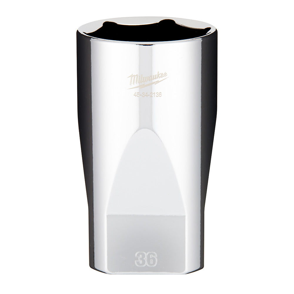 Chrome deep socket with 1/2" drive and 36mm opening, marked with Milwaukee branding and model number.