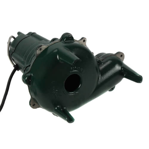 Dark green cast iron sewage pump with motor housing, inlet port, and black power cord attached.