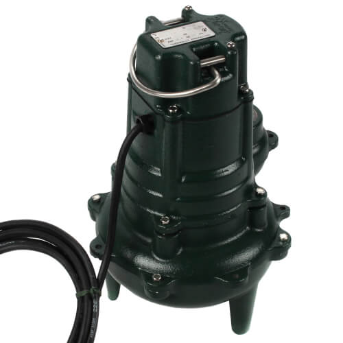 Black cylindrical sewage dewatering pump with motor housing, discharge port, and attached power cord.