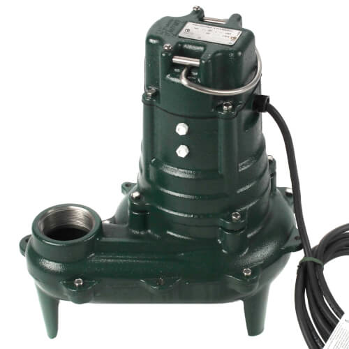 Green cast iron sewage dewatering pump with motor housing, control buttons, outlet port, and black power cord attached.