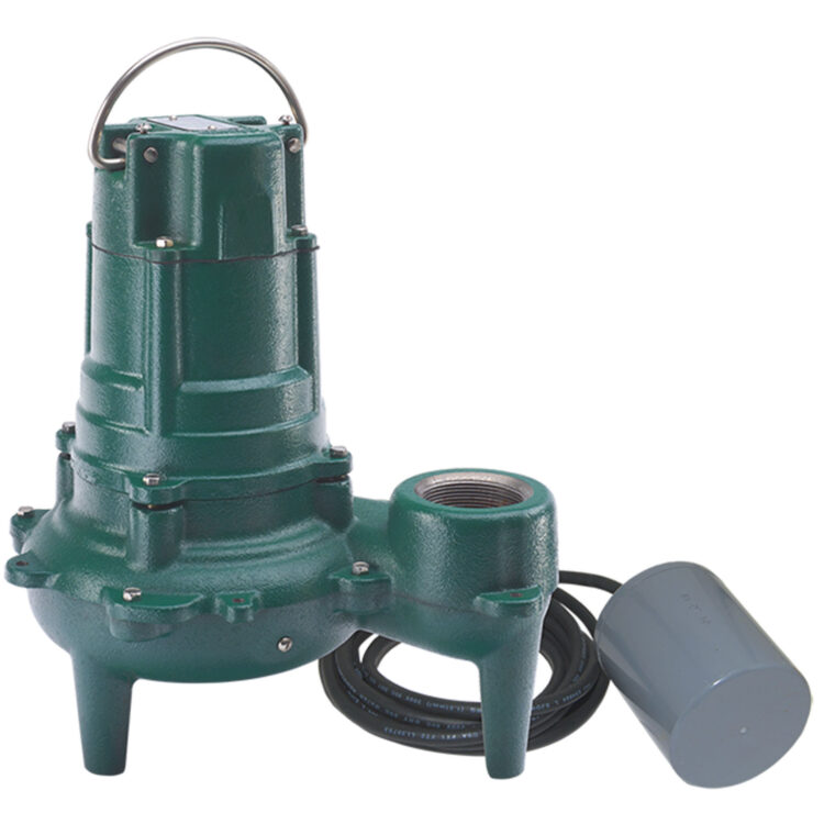 Green cast-iron submersible sewage pump with handle, discharge port, power cord, and gray variable float switch.