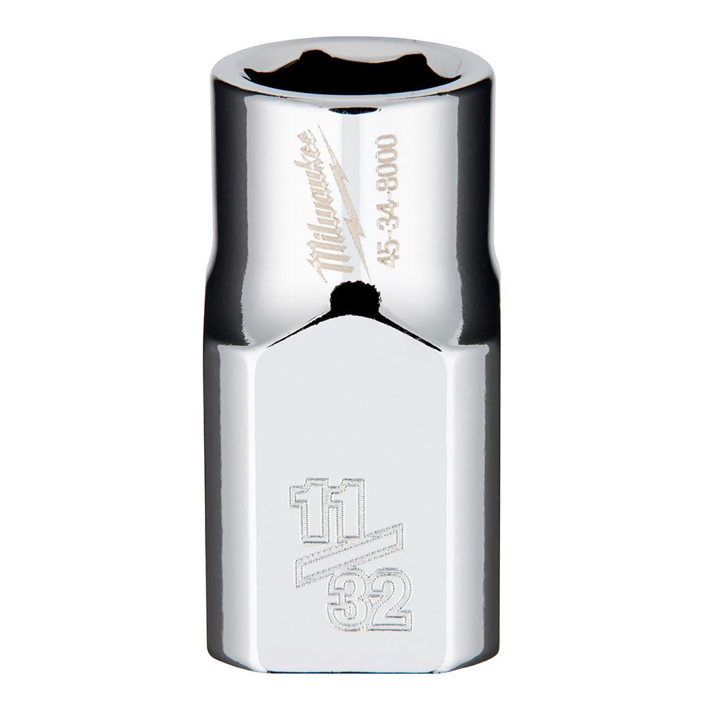 Chrome socket with hexagonal drive opening and 11/32 markings on lower barrel.