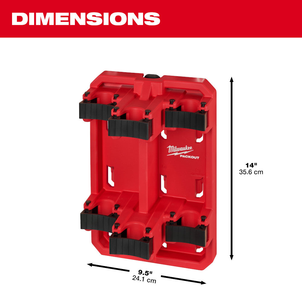 Red and black Milwaukee PACKOUT tool rack with multiple horizontal slots for storing long-handled tools, 14" tall by 9.5" wid