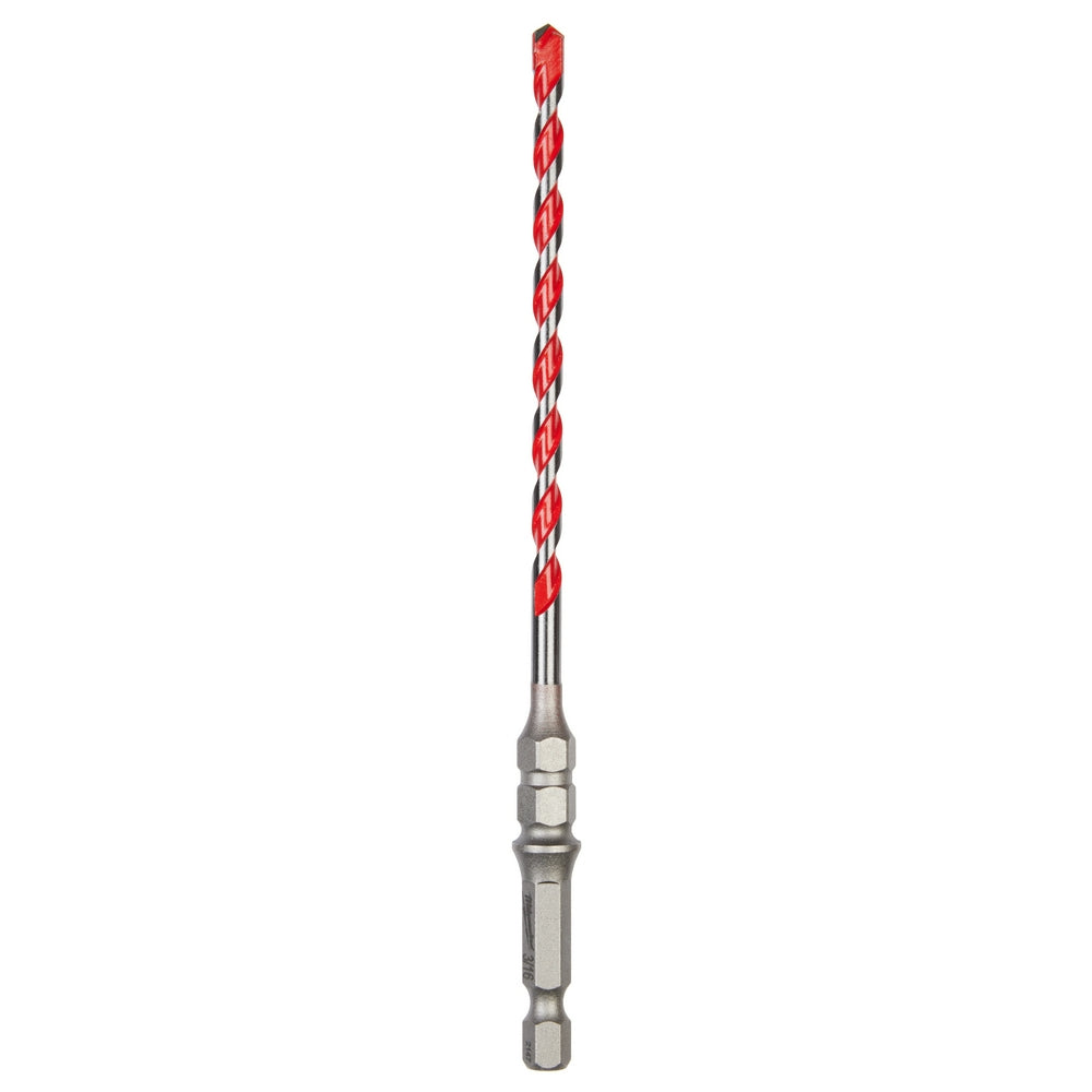 Red and silver carbide hammer drill bit with spiral flutes and hexagonal shank against white background.