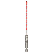 Red and silver carbide hammer drill bit with spiral flutes and hexagonal shank against white background.