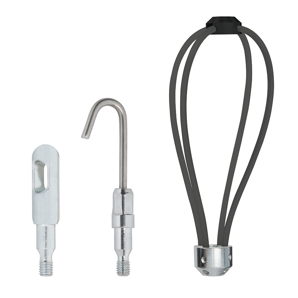 Three fish stick attachments with metal hooks and threaded bases in varying sizes.