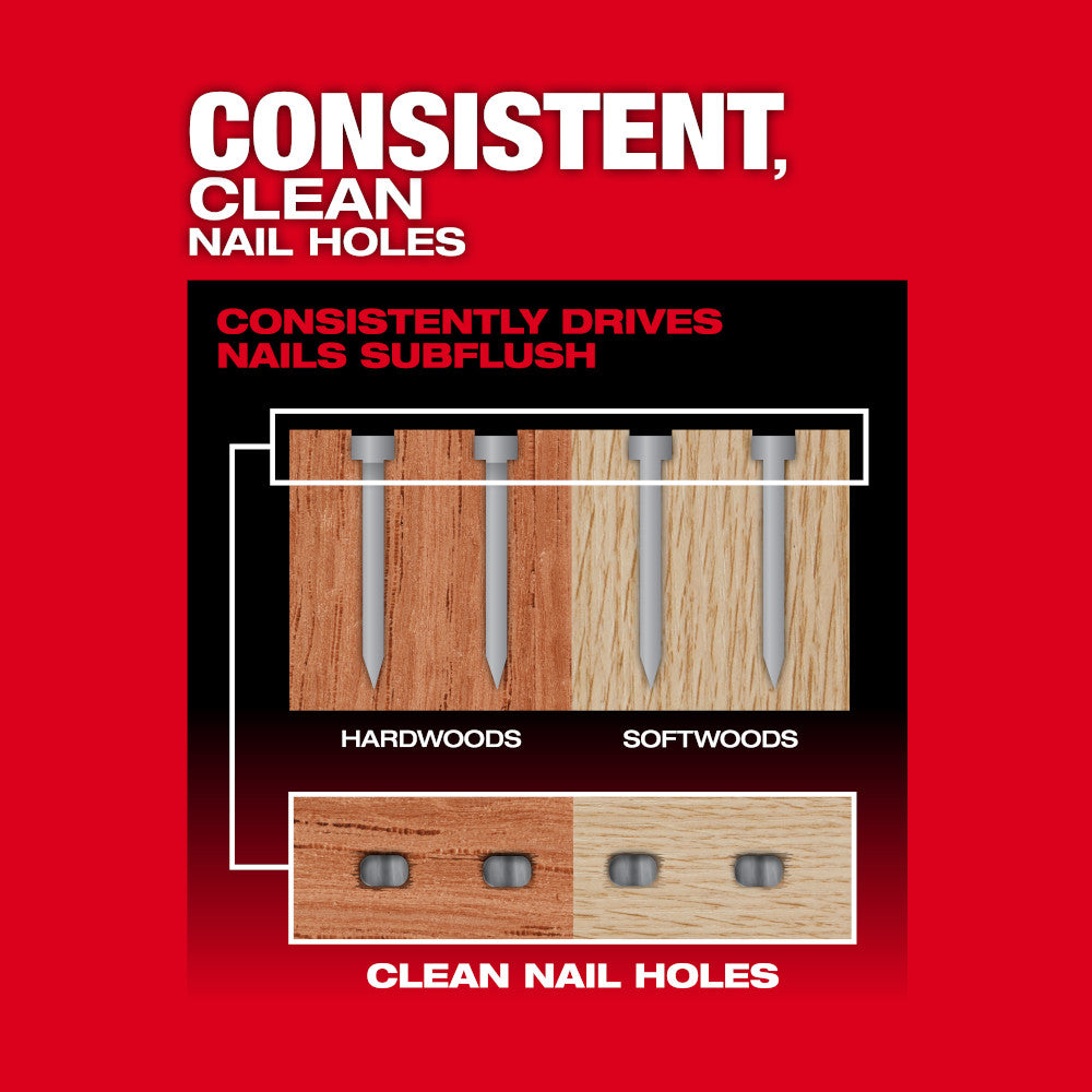Comparison diagram showing brad nail holes in hardwood and softwood, demonstrating consistent subflush driving capability.