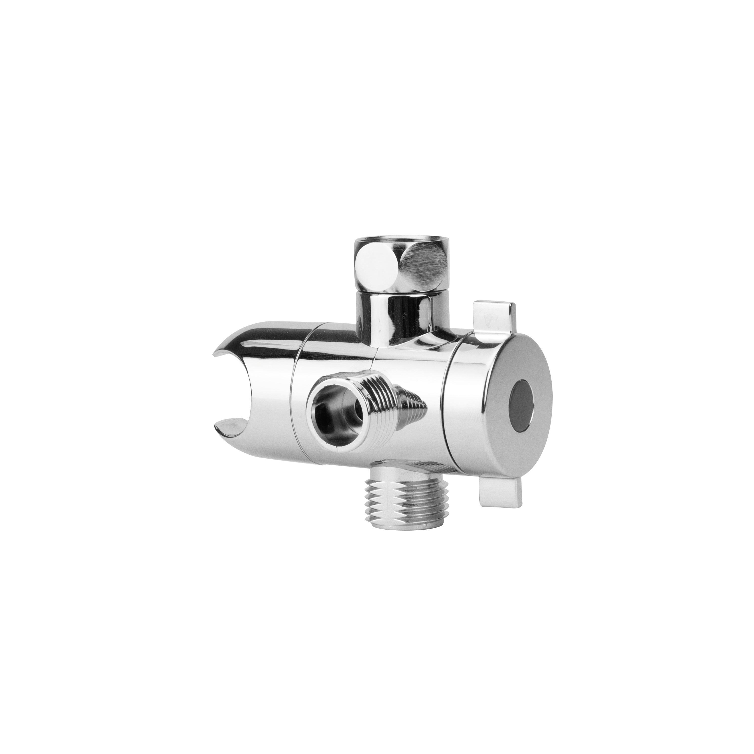 Polished chrome shower arm mount with adjustable angle, diverter valve, and handshower outlet connection.