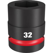 Black impact socket with hexagonal opening, 32mm size marked in white, red grip band at base.