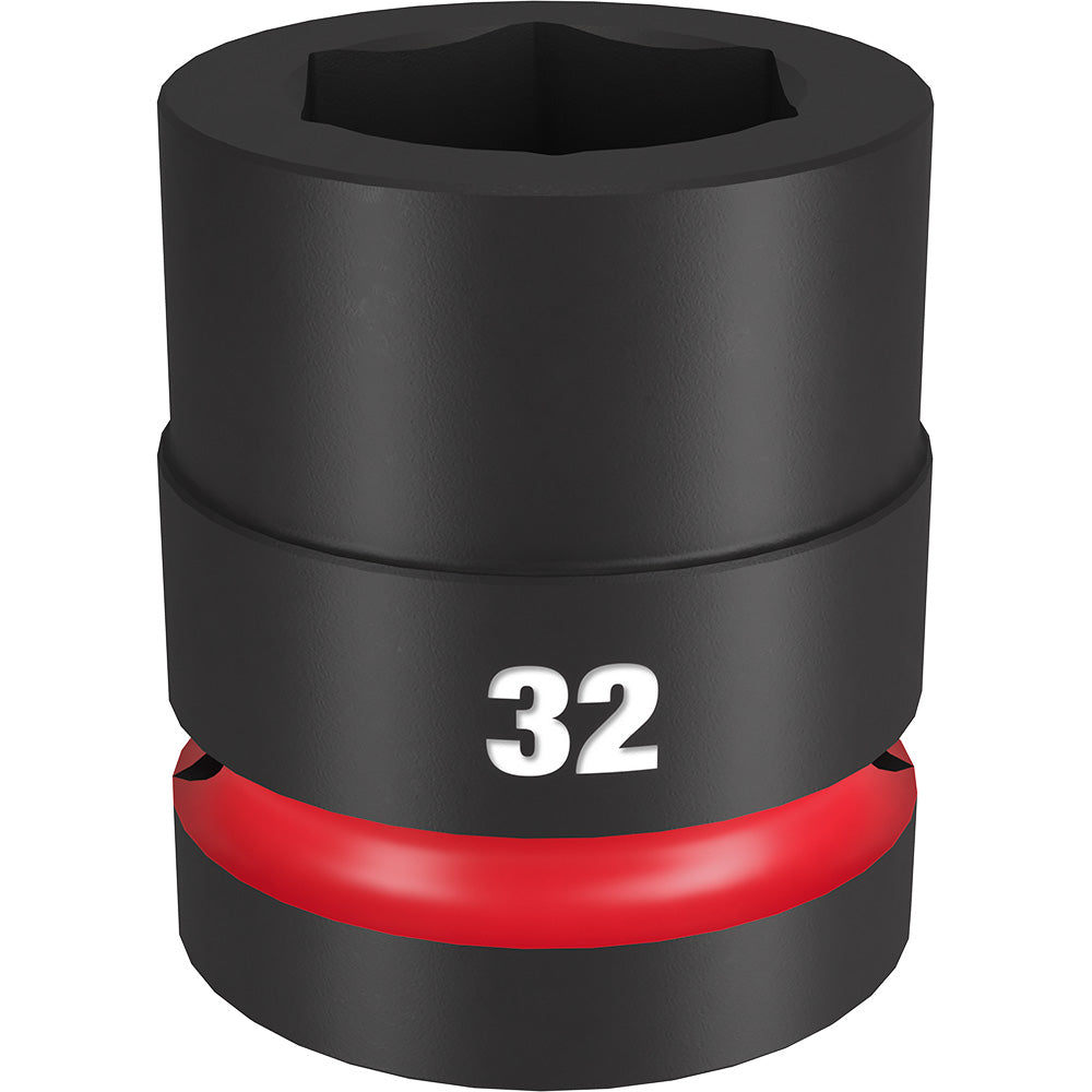 Black impact socket with hexagonal opening, 32mm size marked in white, red grip band at base.