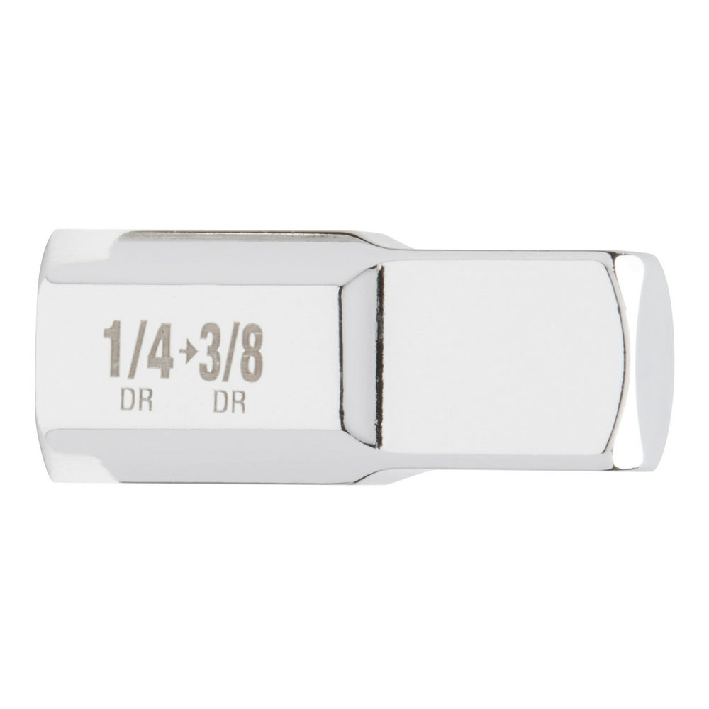 White metal drive adapter with "1/4→3/8 DR DR" markings on hexagonal body.