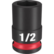 Black impact socket with red grip band, 1/2" size marking, and hexagonal opening for 3/8" drive ratchet.