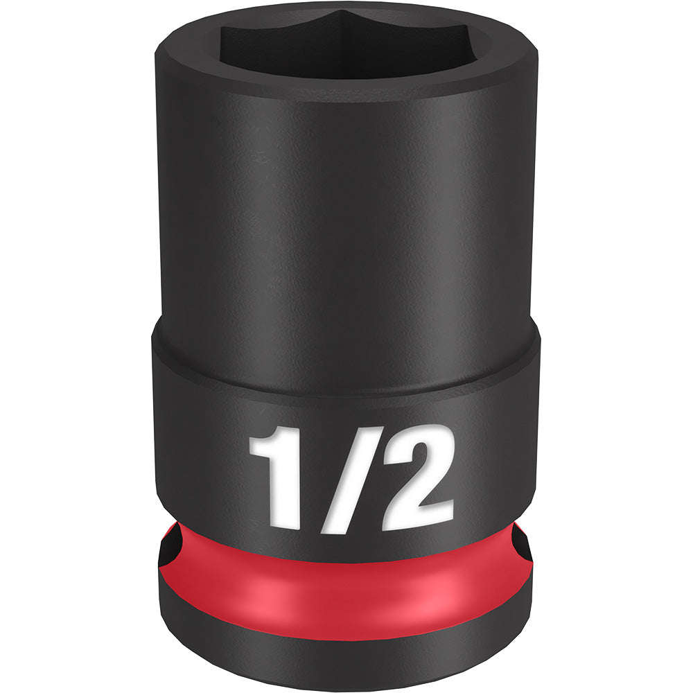 Black impact socket with red grip band, 1/2" size marking, and hexagonal opening for 3/8" drive ratchet.