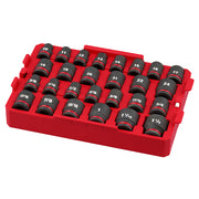 27-piece socket set with black impact sockets in SAE and metric sizes arranged in red plastic tray.