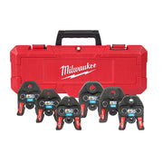 Red Milwaukee carrying case with eight black Streamline ACR press jaw heads of varying sizes arranged in front.