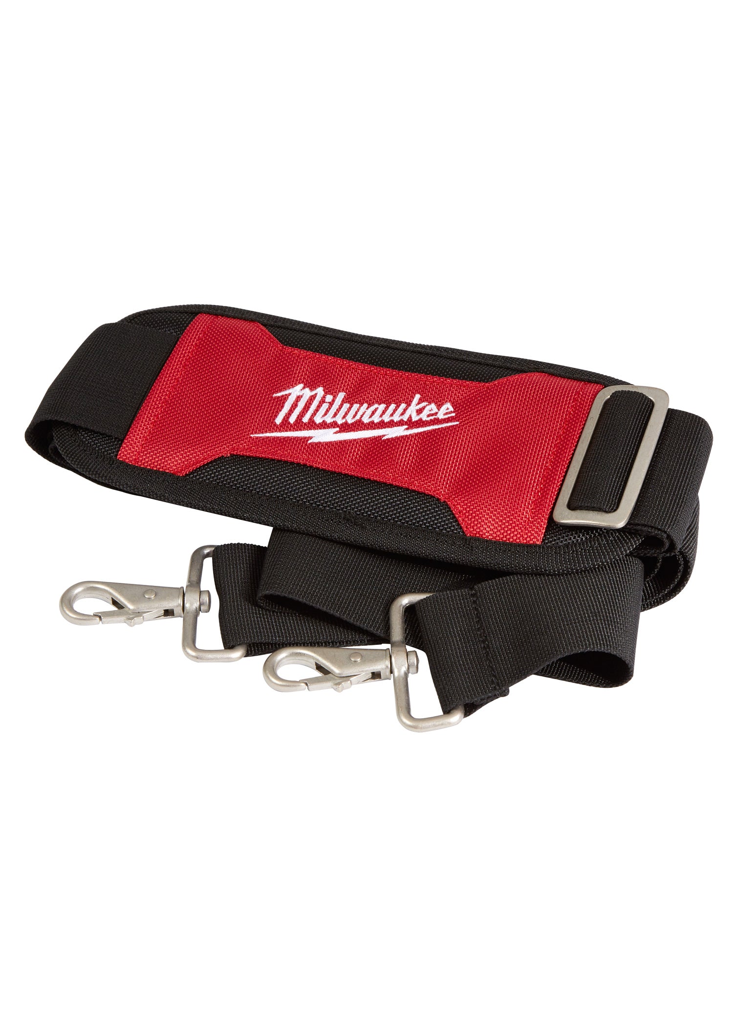 Red and black nylon carrying strap with Milwaukee logo, padded shoulder section, and metal snap hooks on both ends.