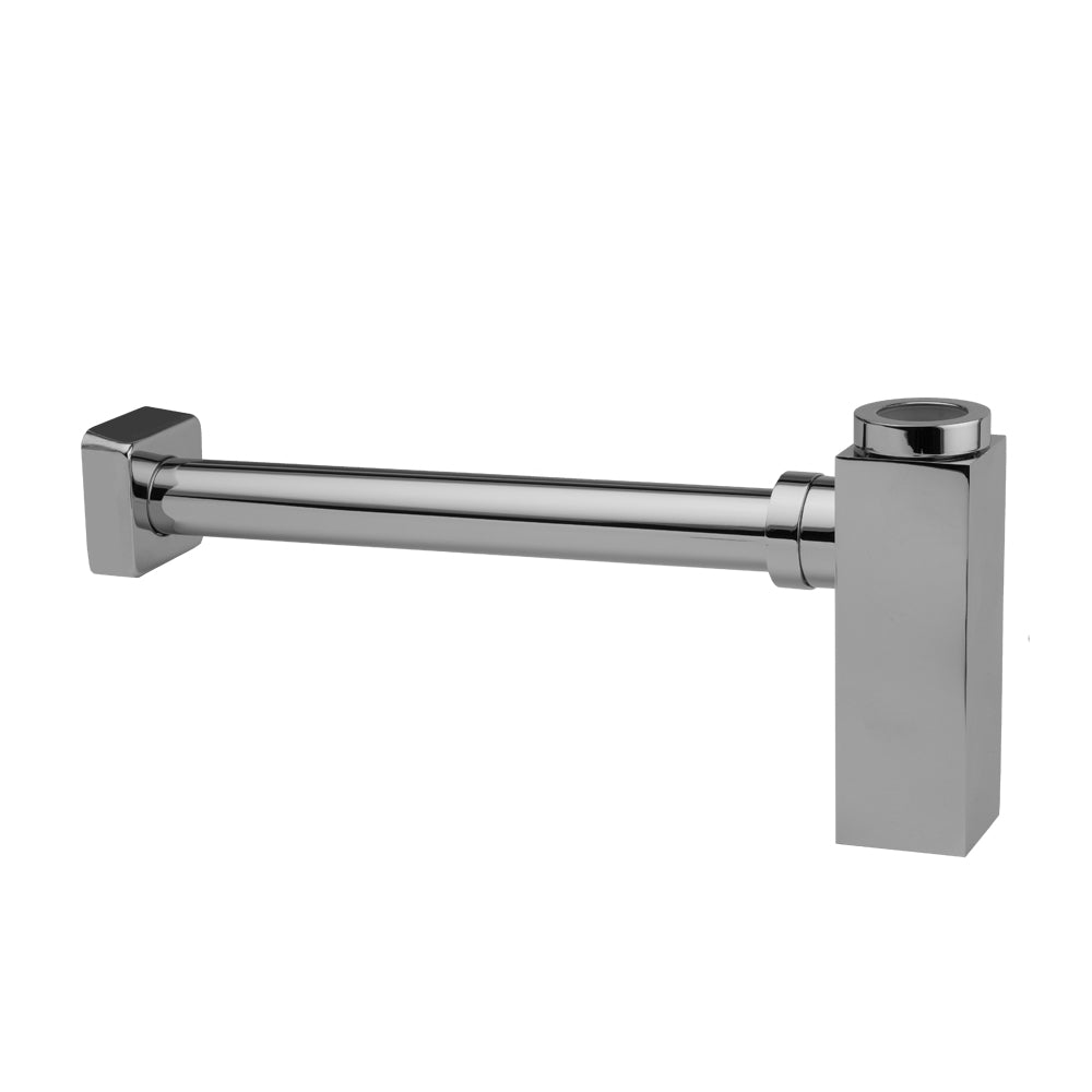 Satin brass decorative square trap with cylindrical pipe and wall outlet connection on both ends.