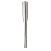 Silver metal SDS-Max ground rod with tapered cylindrical shaft and fluted tip end.
