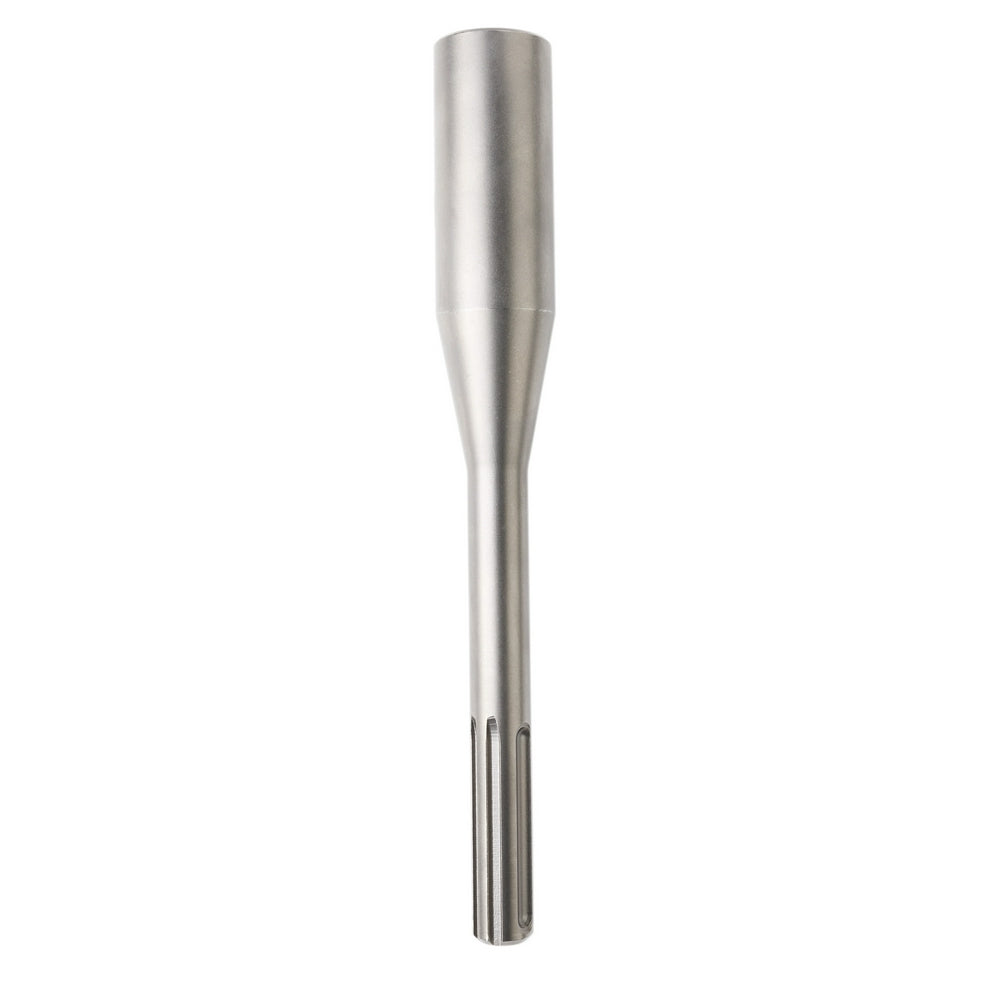 Silver metal SDS-Max ground rod with tapered cylindrical shaft and fluted tip end.