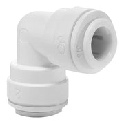 White polypropylene 90-degree elbow connector with push-to-connect fittings on both ends.