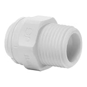 White polypropylene push-to-connect male connector with 1/2" NPTF threads on ribbed ends.