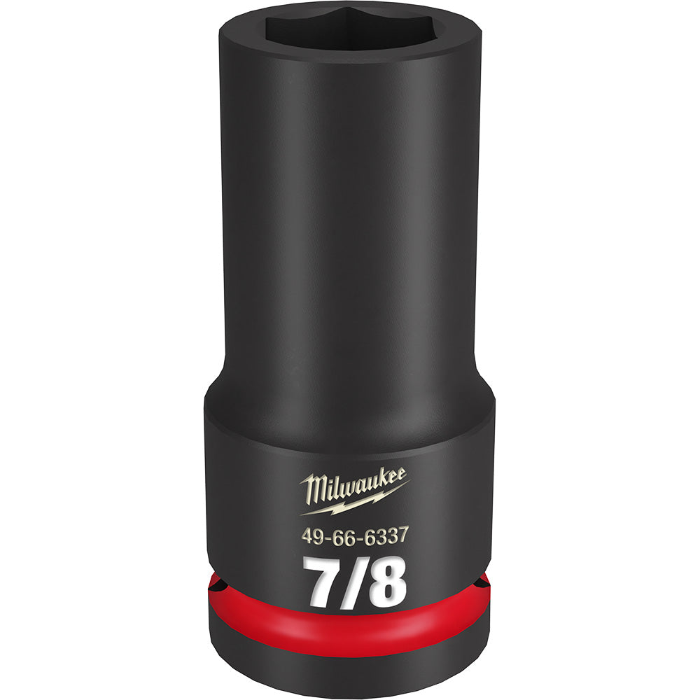 Black Milwaukee Shockwave Impact Duty socket with red grip band and hexagonal opening, marked 7/8.