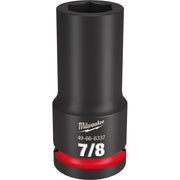 Black Milwaukee Shockwave Impact Duty socket with red grip band and hexagonal opening, marked 7/8.