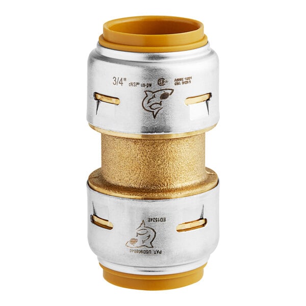 Brass push coupling with white and gold bands, shark logo, and two brass inlet ports on each end.