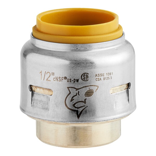 Brass push-fit end cap with yellow collar and metal housing, marked 1/2" CNSF.