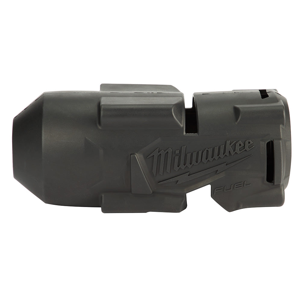 Milwaukee M18 FUEL impact wrench protective boot in gray rubber.