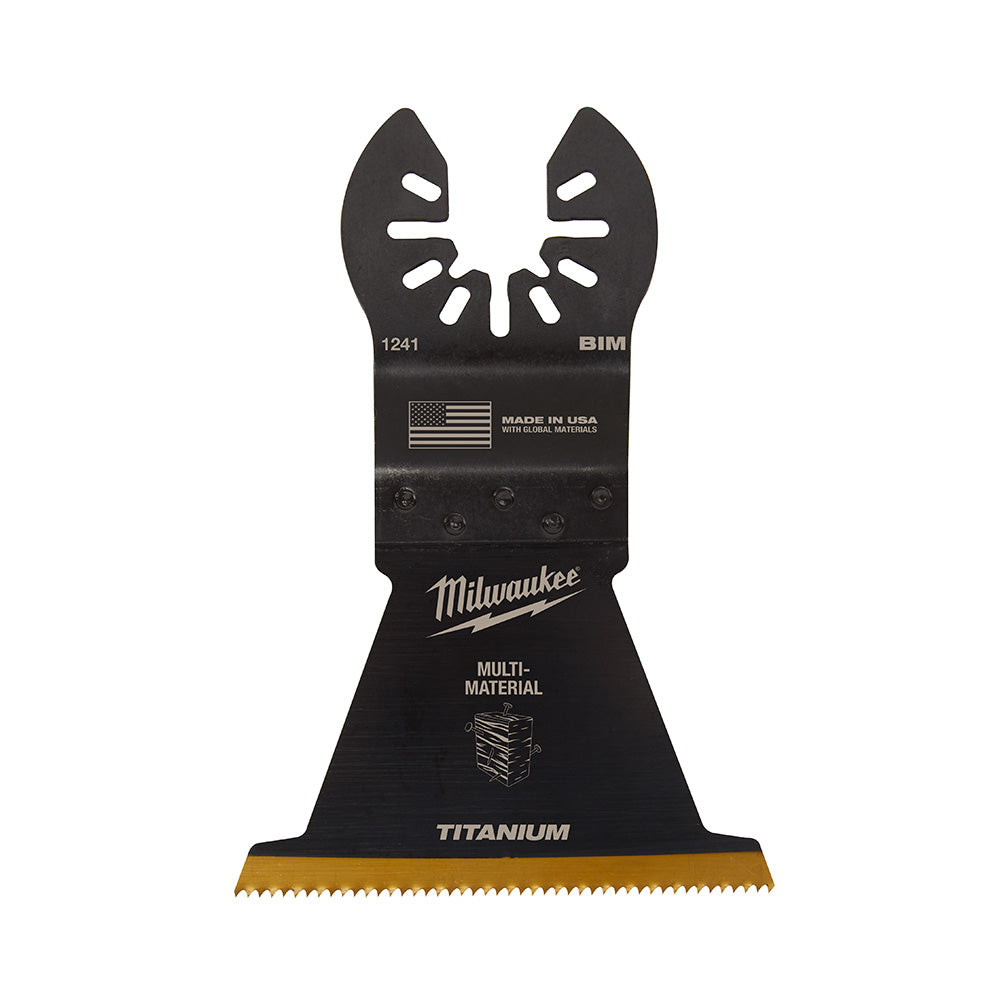 Milwaukee OPEN-LOK bi-metal oscillating saw blade with titanium-enhanced cutting edge and multi-material designation marked o