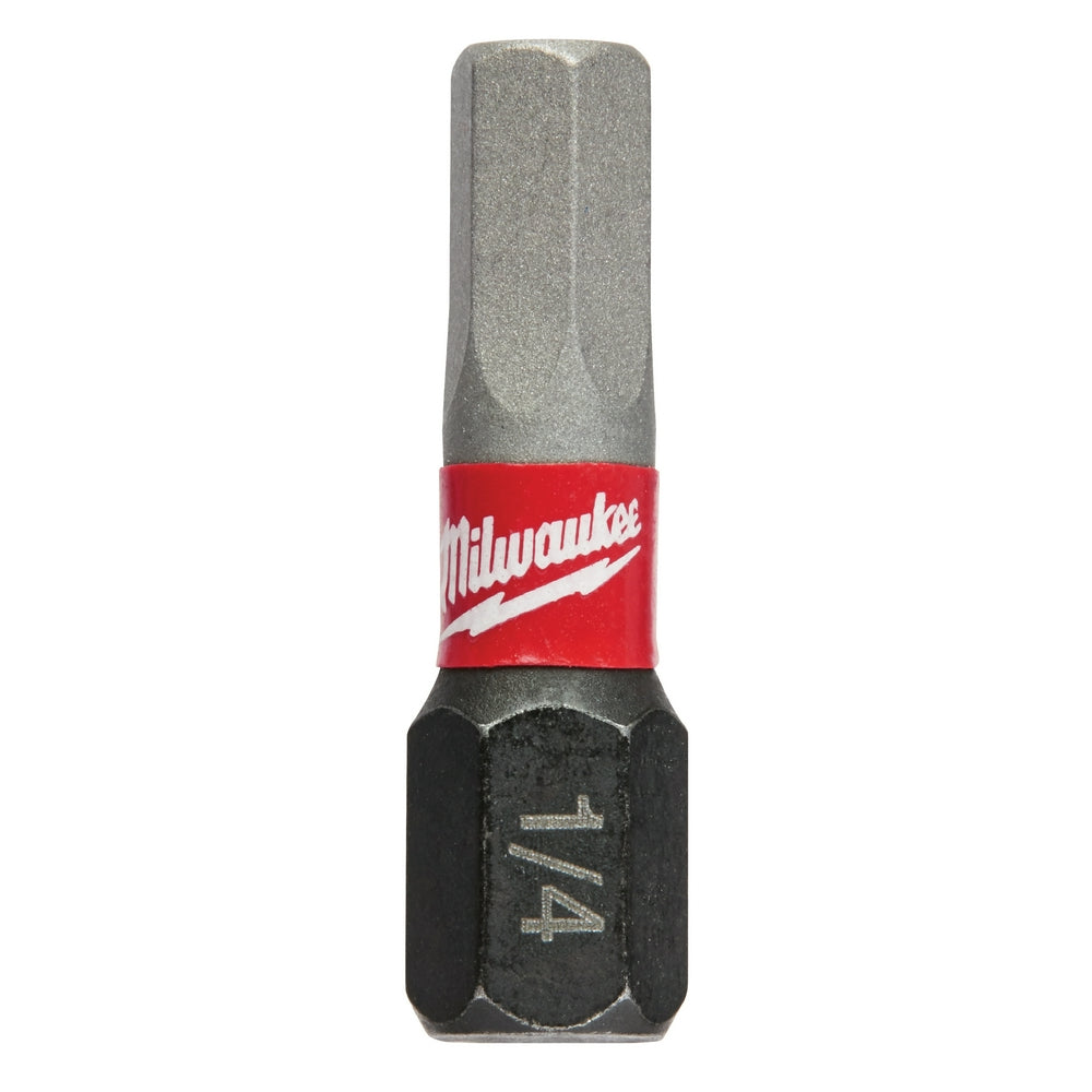 Milwaukee Shockwave Impact hex insert bit with red band and black hexagonal socket end.