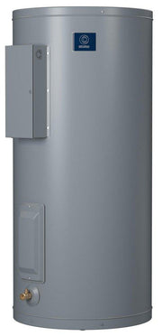 Tall gray cylindrical electric water heater with State brand logo, side-mounted control panel, and bottom drain valve.