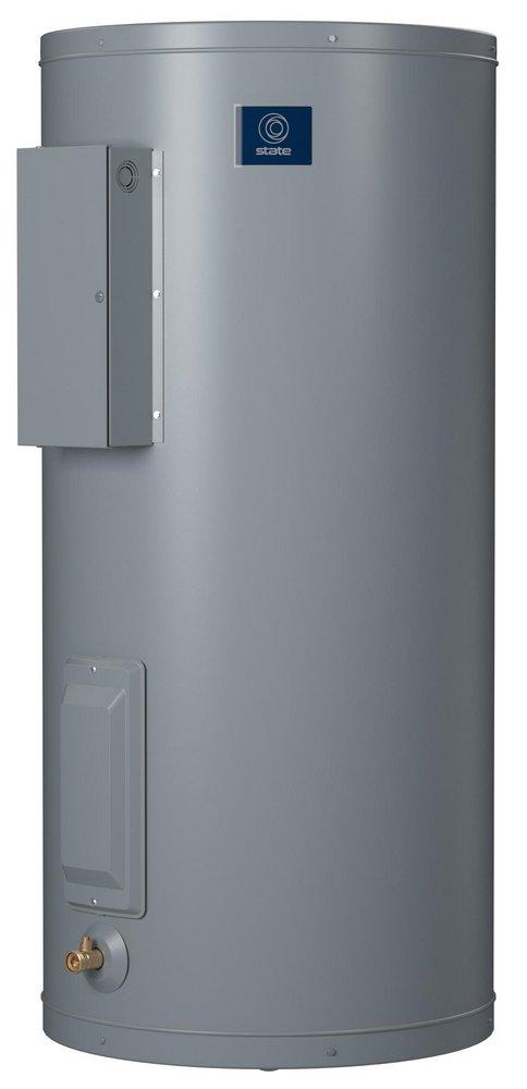 Tall gray cylindrical electric water heater with State brand logo, side-mounted control panel, and bottom drain valve.