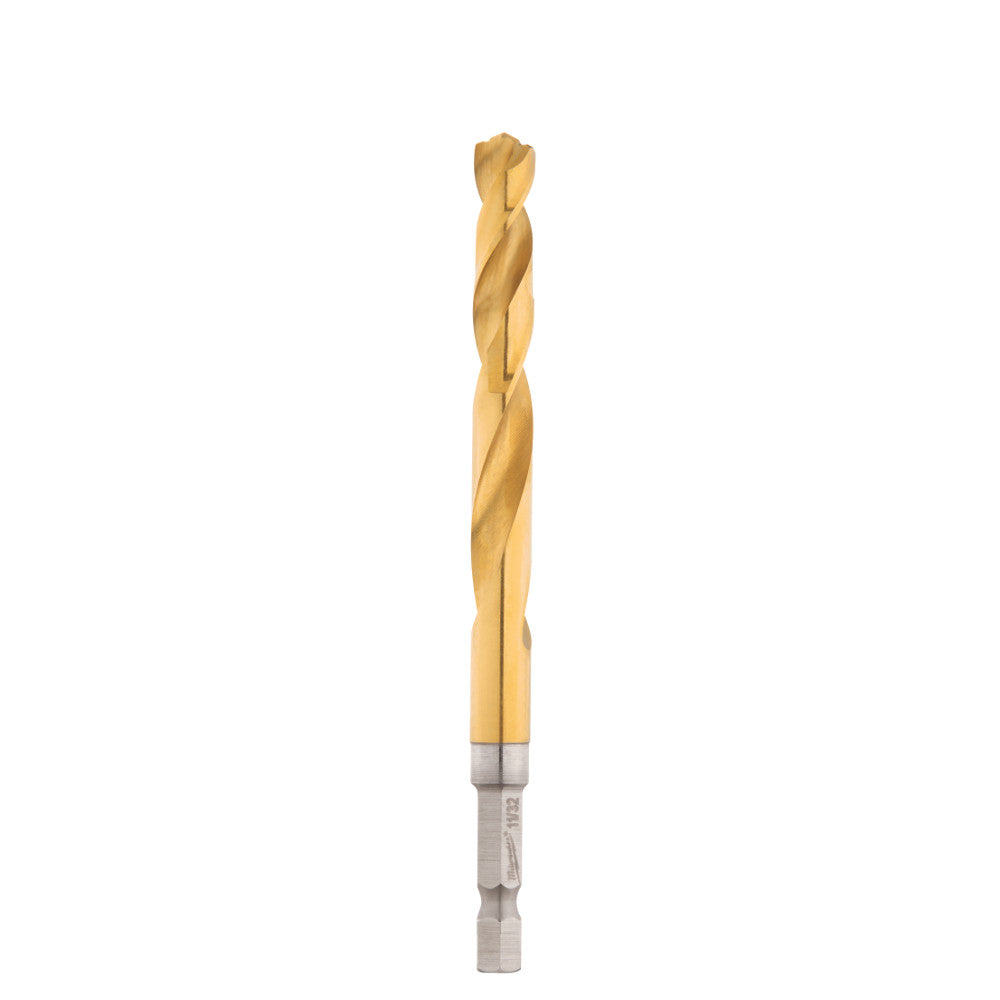 Gold-colored titanium drill bit with twisted flutes and silver hex shank against white background.