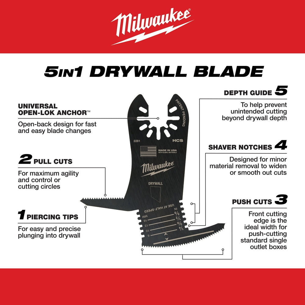 Milwaukee OPEN-LOK 5-in-1 drywall blade with universal anchor, featuring pull cuts, piercing tips, shaver notches, push cuts,