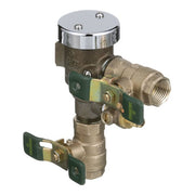 Brass vacuum breaker with chrome cap and two green quarter-turn ball valves, 1/2 inch connections.