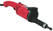 Red and black Milwaukee electric die grinder with cylindrical body, ventilation slots, and rotating bit attachment.