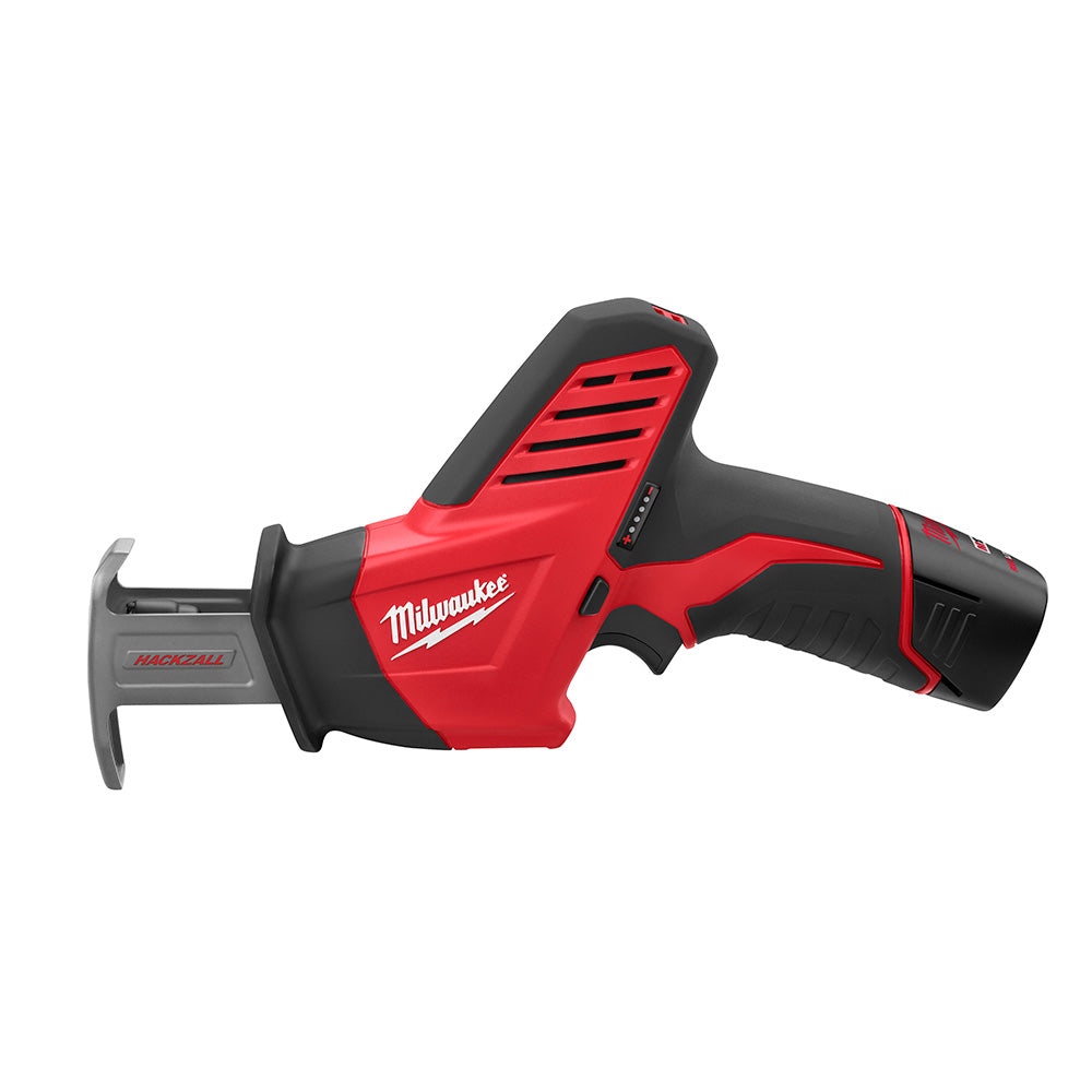 Milwaukee M12 HACKZALL compact reciprocating saw with red and black body and gray blade guard.