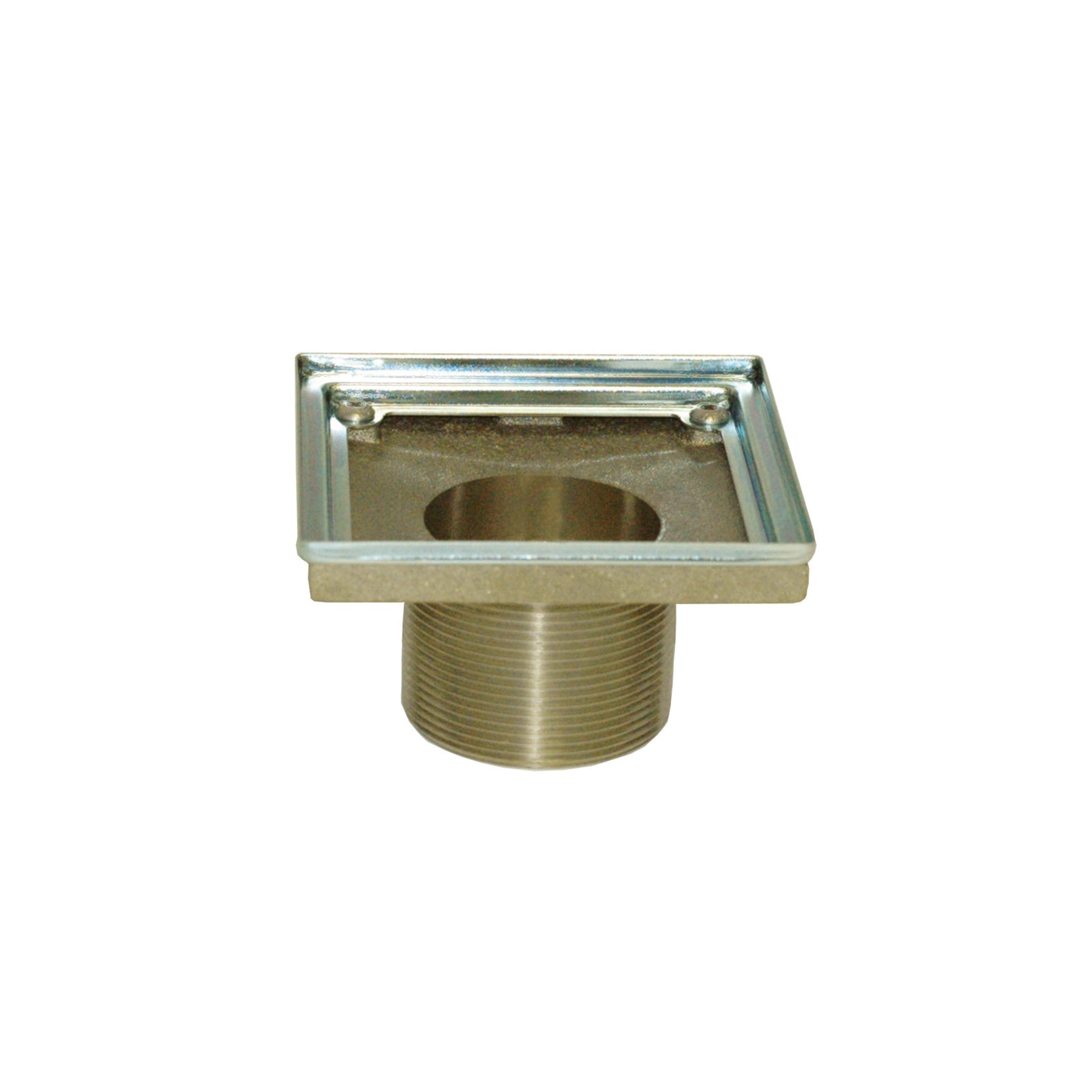 Brass square shower drain throat with threaded connection and central opening.