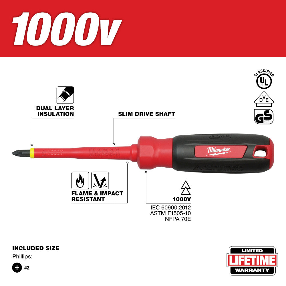 Red and black Milwaukee insulated screwdriver with Phillips #2 bit and dual layer insulation for 1000V protection.