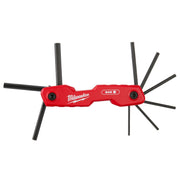 Red Milwaukee folding hex key set with nine black SAE keys extended from red center handle.