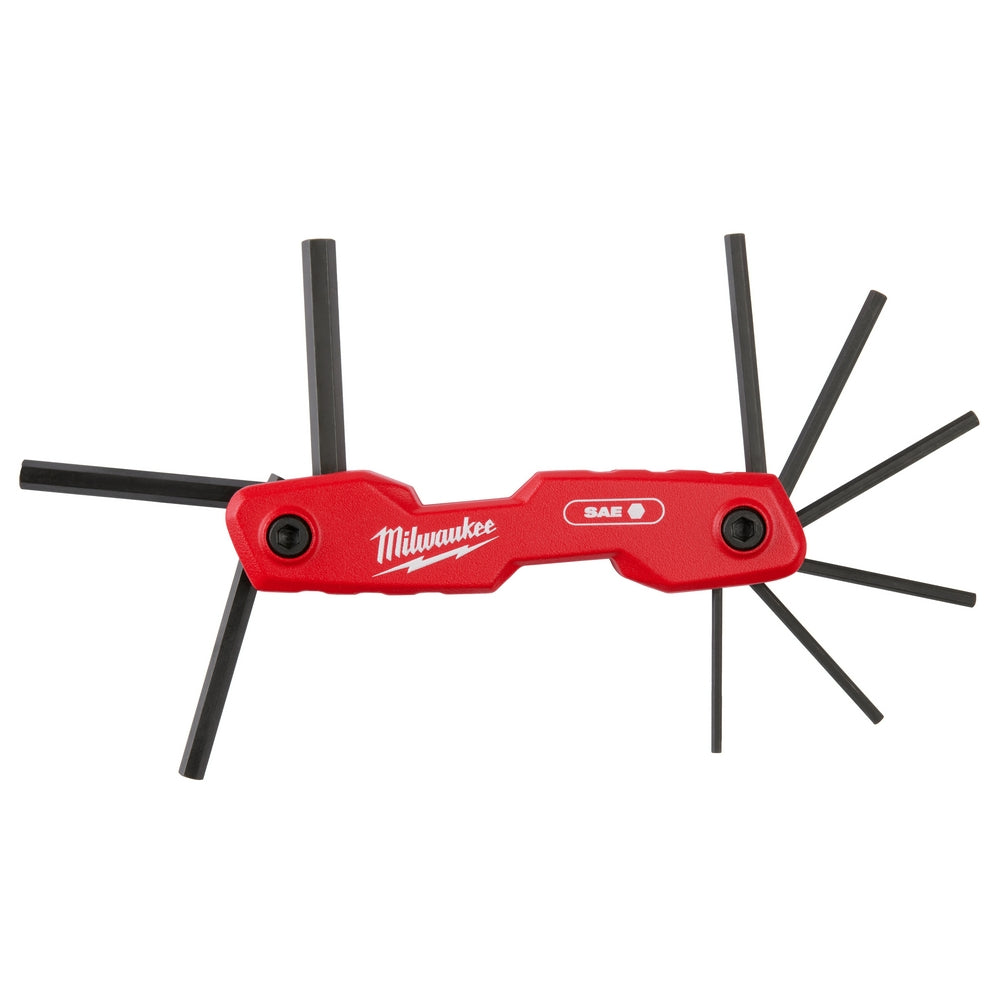 Red Milwaukee folding hex key set with nine black SAE keys extended from red center handle.