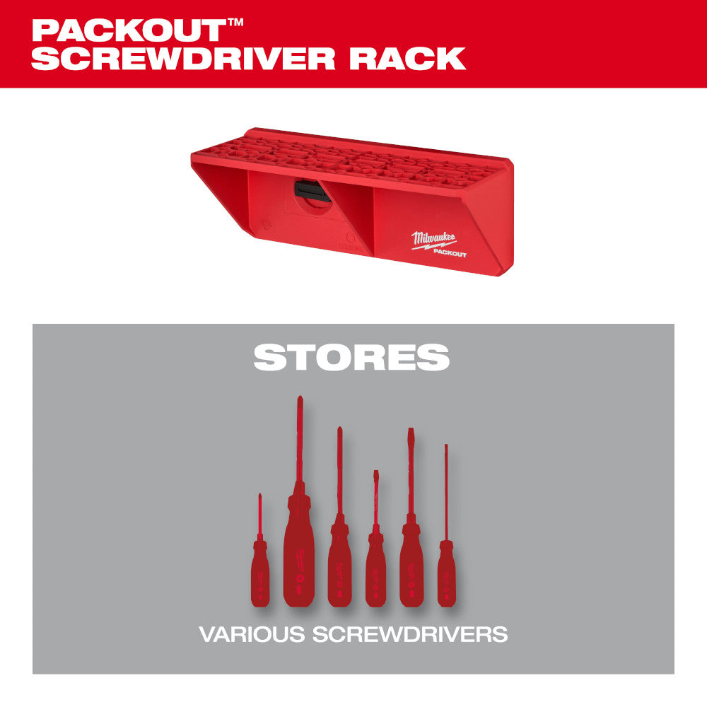 Red PACKOUT screwdriver rack with multiple tool slots and carrying handle on white background.