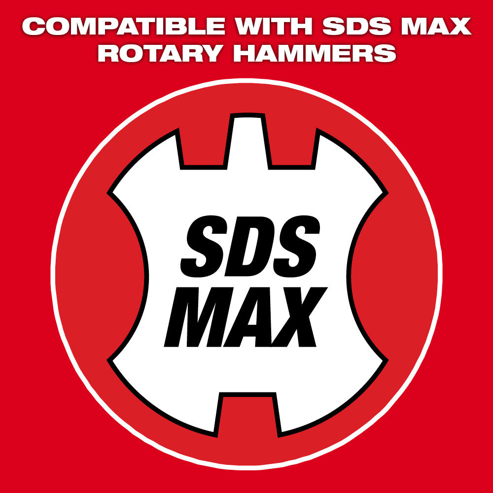 White SDS MAX rotary hammer bit logo on red circular background with compatibility text.