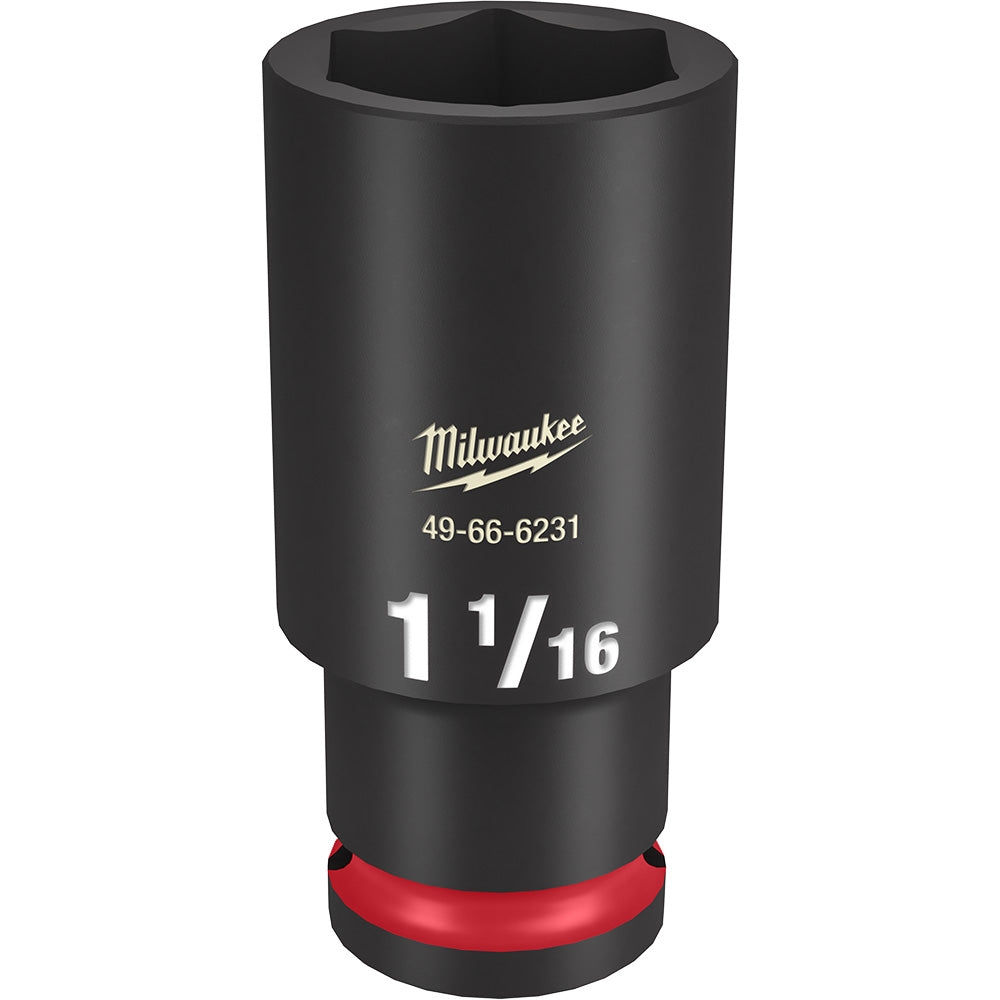 Black Milwaukee deep socket with hexagonal opening, red grip band at base, and product markings on side.