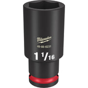 Black Milwaukee deep socket with hexagonal opening, red grip band at base, and product markings on side.