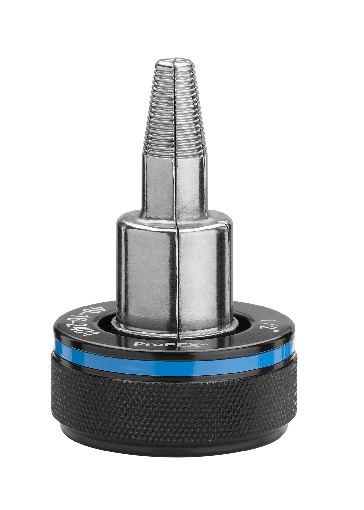 Metal ProPEX expansion head with threaded top, cylindrical body, and black grip base with blue stripe.