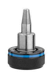 Metal ProPEX expansion head with threaded top, cylindrical body, and black grip base with blue stripe.