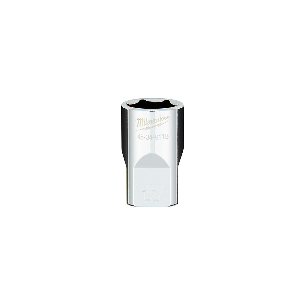 Milwaukee 1/2 in. drive 17mm metric 6-point socket with flat sides and model number 45-34-9118.